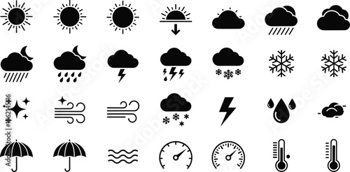 Collection of professional weather icons featuring sun, clouds, rain, snow, lightning, wind,and atmospheric climate symbols