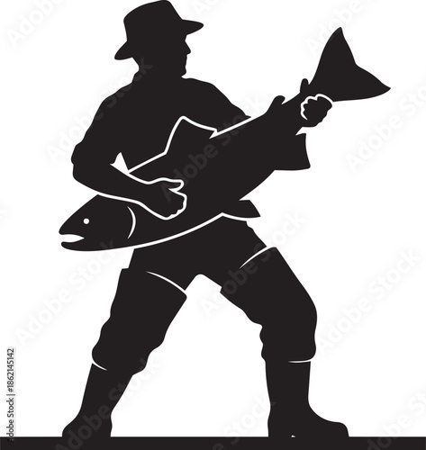Proud fisherman wearing hat and boots holding giant salmon catch black silhouette vector design