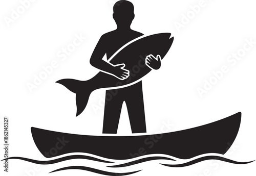 Silhouette of man standing in canoe boat holding huge trophy fish over stylized water surface
