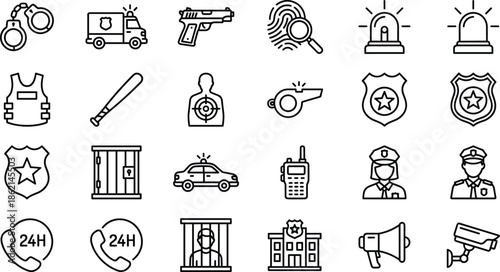 Collection of Twenty Four Linear Police and Law Enforcement Icons Including Handcuffs Patrol Car Officer Prison and Security Camera Symbols