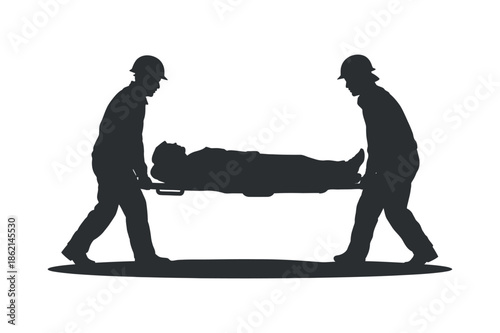 Two construction workers carefully carrying an injured colleague on a makeshift stretcher