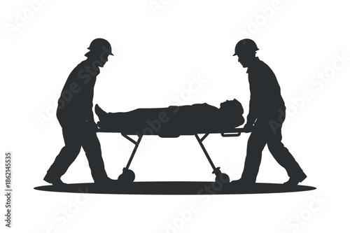Two medical professionals carefully transport a patient on a stretcher depicting an emergency situation