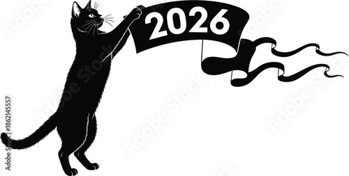 Black cat silhouette holding Happy New Year 2026 banner, cute kitten reaching for festive ribbon, calendar year celebration vector illustration on white background