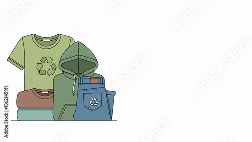 Sustainable fashion apparel stack with green t shirt featuring recycling symbol, comfy hoodie, blue jeans. Sustainable fashion clothing stack highlights eco friendly materials,