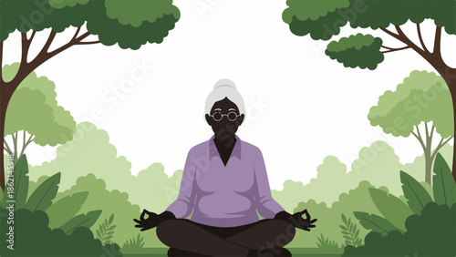 Elderly woman practicing serene meditation amidst lush green nature. Senior individual finds peace with meditation practice, cross legged in peaceful outdoor environment.