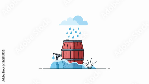 Rainwater harvesting system illustration with barrel catching drops from cloud. Rainwater harvesting concept shows spigot, overflowing water, and grass, emphasizing conservation.