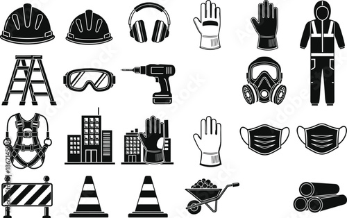 Construction safety icon set featuring hard hat, protective gloves, respirator mask, safety harness, traffic cone, goggles, ladder and industrial equipment.