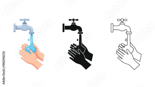 Handwashing illustration with water tap icons in various styles and color schemes