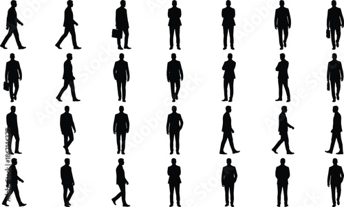 Set of 30 Business Silhouette Poses Featuring Walking and Standing Gestures for Corporate, Motion, and Design Applications