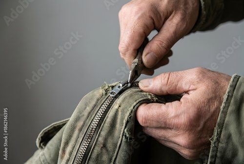 Repairing broken zipper on worn jacket, sustainable fix concept