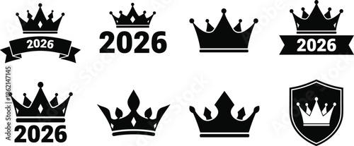 Black crown silhouette set with year 2026 banners, royal king and queen icons, premium quality symbols and luxury shield vector on white background