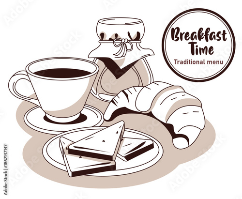 breakfast time lettering in circular frame poster with croissant and ingredients vector design.