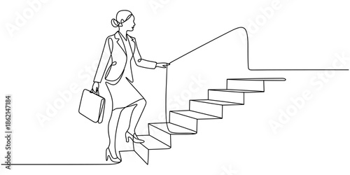 woman walking on the stairs, business and education concept. Woman climbing stairs continuous one line drawing, Continuous one line drawing of success business woman walk on stair. Business concept