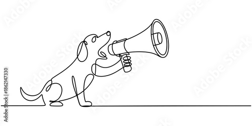 dog announcement using megaphone continuous one line drawing, Dog enthusiastically using megaphone Cute puppy dog making an important announcement or delivering a message using megaphone.