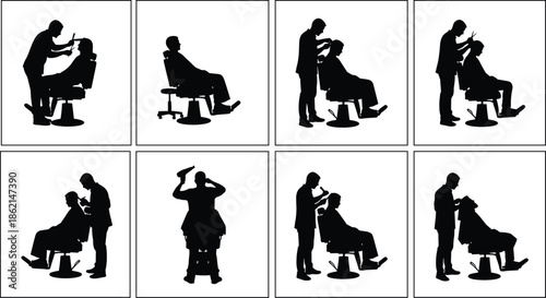 Professional barber haircut process, male hairstyling service silhouettes, barbershop grooming concept, hair cutting stages, salon workflow, isolated black icons, modern beauty industry illustration