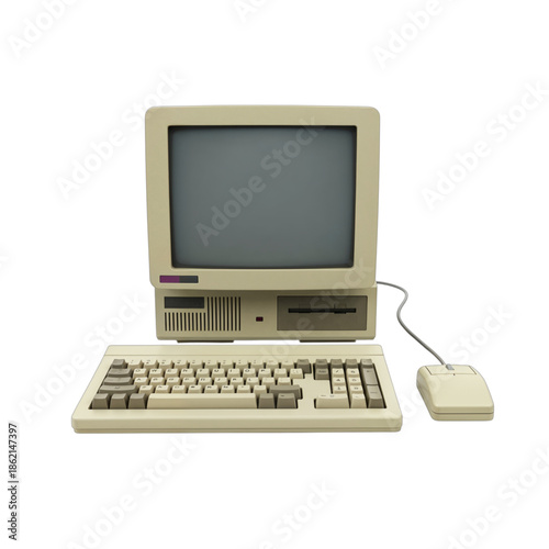Vintage beige computer monitor keyboard and mouse isolated on transparent background