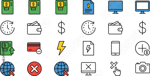 Set of 30 Financial and Utility Icons in Black and White for Banking, Technology, Error, and Interface Design Applications
