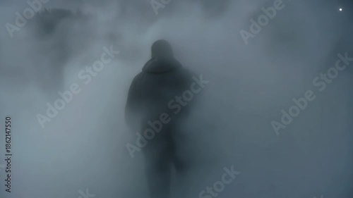 Male adult walking into dense fog and disappearing from view. Mysterious cinematic sequence of a man fading away into the unknown darkness and atmospheric mist