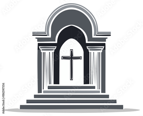 Architectural monument with a Christian cross inside an arched structure and classical columns