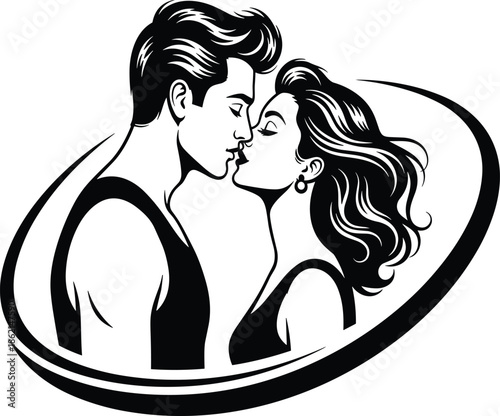Romantic couple illustration kissing in elegant line art style, love, passion and intimate relationship concept in modern black design