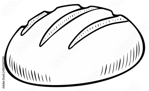Sketch drawing of a loaf of bread with scored crust and simple contour lines for design elements.