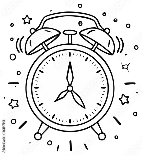 Alarm clock ringing, morning wake up time illustration in doodle style.