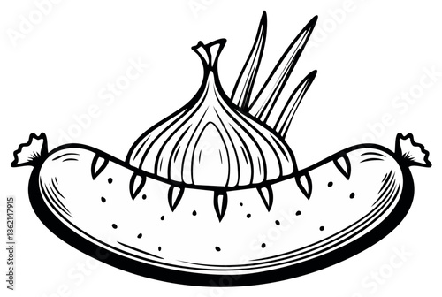 Hand-drawn Sausage with Onion and Greens Illustration