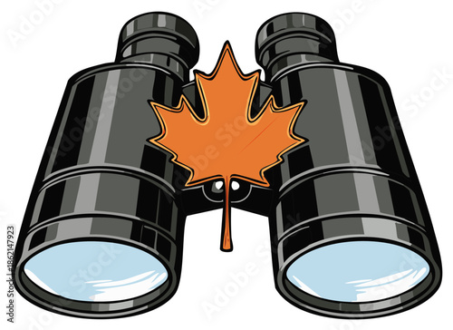 Binoculars paired with orange maple leaf, nature discovery tools, wildlife observation equipment, stylized design graphic