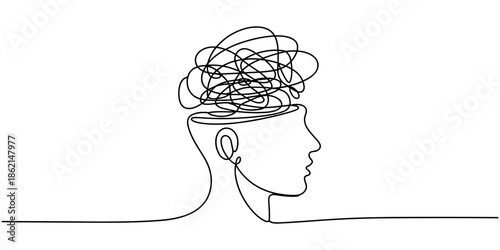 Human head with confusion of thoughts, Concept of confusion in the head. Continuous One line drawing. Problems stress illness and depression concept. Editable line. Hand drawn one line vector