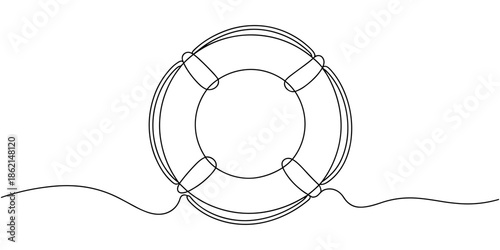 One continuous line drawing of Lifebuoy. Rescue belt and rubber ring with rope in simple linear style. Concept of support and help service. Editable stroke. Doodle contour vector illustration
