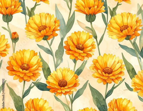Watercolor Yellow Flowers Pattern Background.