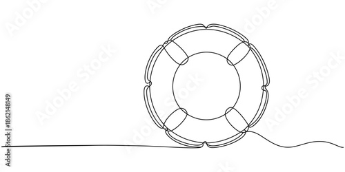 One continuous line drawing of Lifebuoy. Rescue belt and rubber ring with rope in simple linear style. Concept of support and help service. Editable stroke. Doodle contour vector illustration
