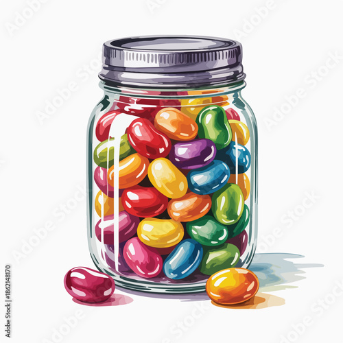 An isolated glass container filled with sweet colorful candy and red homemade preserved fruit like pickled tomatoes and healthy canned vegetables in a white background