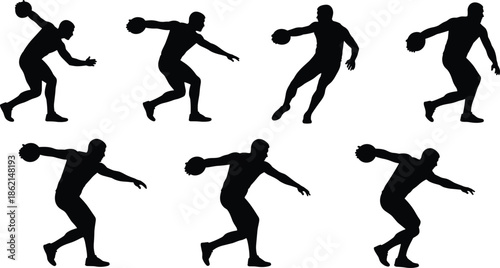 Silhouettes of Discus Thrower in Seven Sequential Poses – Athletic Technique Illustration for Sports Training and Biomechanics Study