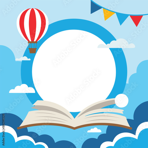 Vector illustration of an open paper book for school education and library science concept featuring magic light on pages to represent learning wisdom and literature knowledge design