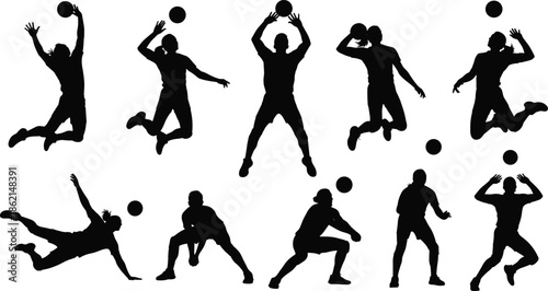 Silhouettes of Volleyball Players in Action Poses with Ball – Dynamic Sports Illustration for Training and Athletic Design