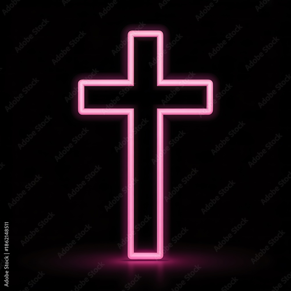 Obraz premium Pink Neon Christian Cross Glowing on Black Background for Modern Religious Concept