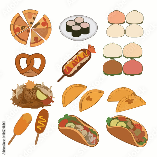 International Street Food Vector Illustration with Popular World Snacks