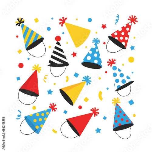 Colorful party hats and confetti celebrate a festive, cheerful gathering with bright patterns and playful decorations.