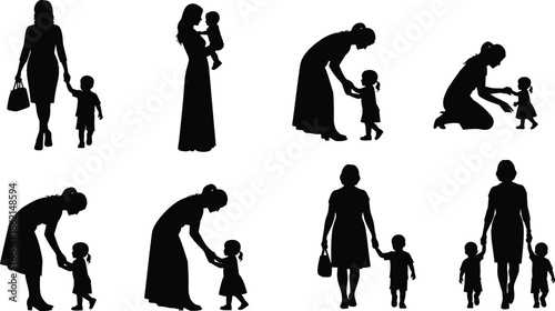   
Silhouettes of Women Interacting with Children in Various Caring Poses – Motherhood and Caregiver Relationship Illustration for Design Use