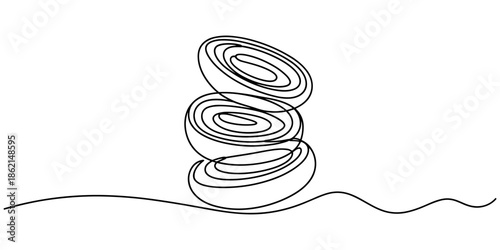 self drawing  fresh red onion rings are carefully arranged in a stack continuous one line drawing. Multiple fresh one onion rings are carefully arranged in a stack, isolated on a clean onion.