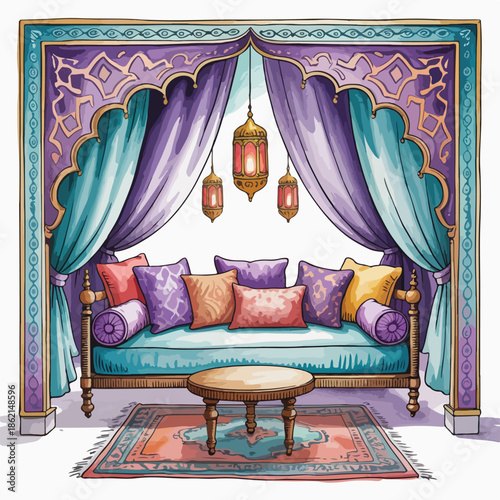 Luxury classic interior design scene featuring a vintage sofa and elegant curtains within a bright living room decorated with antique furniture and stylish pillows