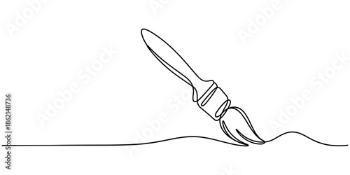 Continuous line drawing of a paintbrush creating a flowing, wavy stroke, symbolizing creativity,art, and free expression through a single line, fluid motion.Paint brush isolated on a white background