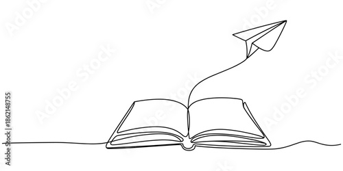 Opened book and flying paper plane continuous one line drawing. Hand drawn line art vector illustration, Creative strategy and education innovation, Minimalist simple contour design.