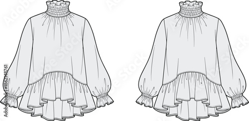 Technical fashion illustration of ruffled blouse with puff sleeves, high neckline, gathered cuffs, and asymmetrical layered hemline