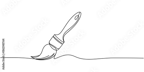 Continuous line drawing of a paintbrush creating a flowing, wavy stroke, symbolizing creativity,art, and free expression through a single line, fluid motion.Paint brush isolated on a white background