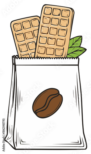 Bag of waffles with coffee bean and green leaves design