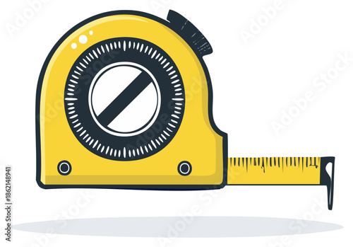 Cartoon tape measure, measuring tool in yellow with extension