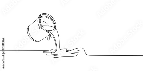 Pouring paint bucket  continuous one line drawing.  Paint bucket, Home renovation, fix, color, dye, new, light, bright, foreman. Repairs concept. 
