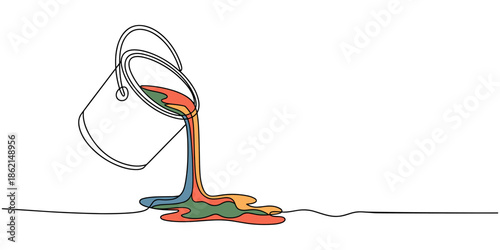 Pouring paint bucket  continuous one line drawing.  Paint bucket, Home renovation, fix, color, dye, new, light, bright, foreman. Repairs concept. 